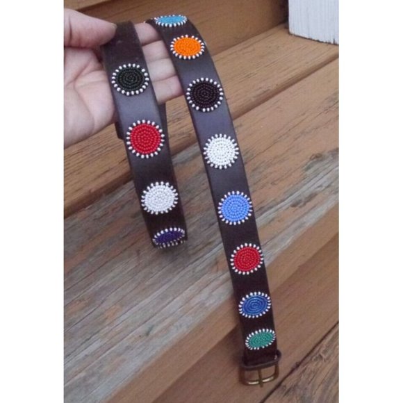 Belt Beaded Circles Handmade Masaai Maasai Masai leather Sz 35 (34\
